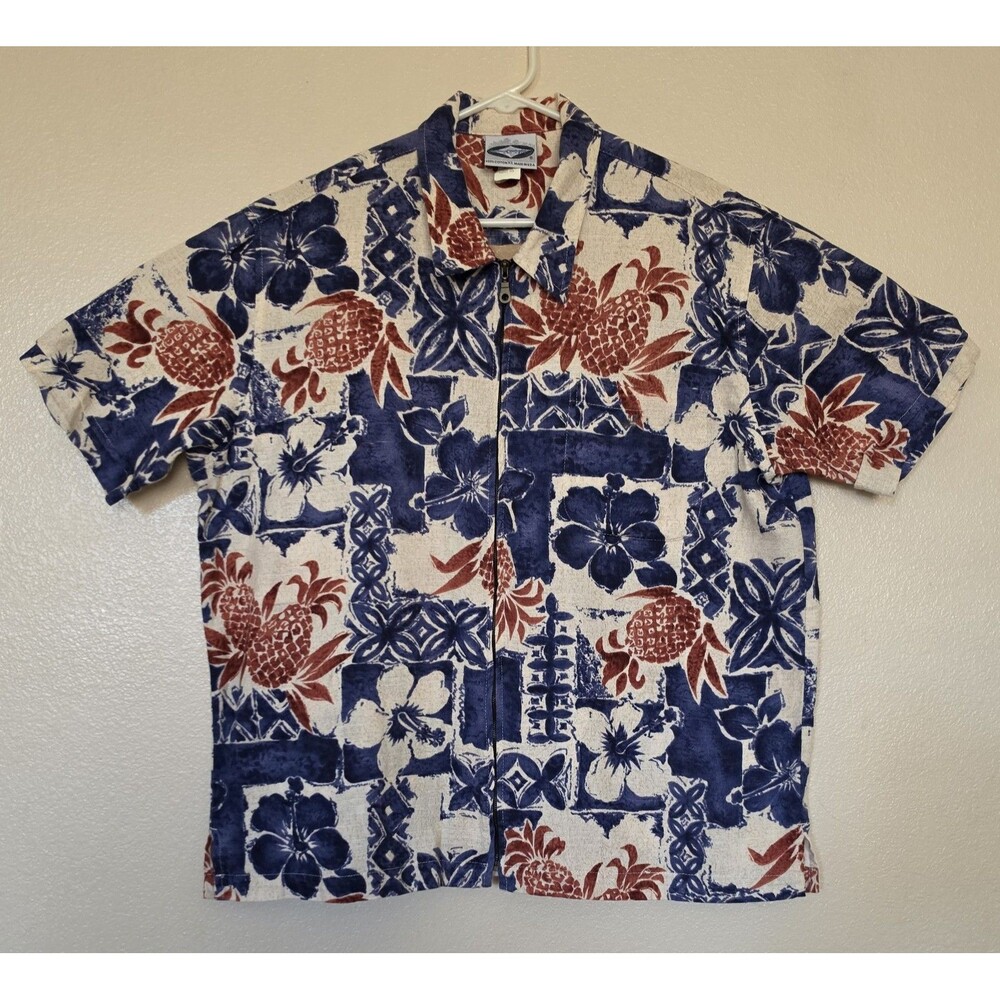Vintage Island Magic Men's XL Hawaiian Shirt Floral Pineapple Zip Up Barkcloth